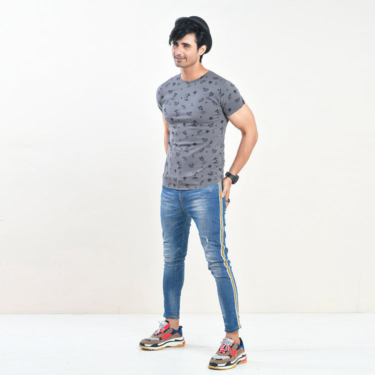 Crew Neck Gray-Rotary Printed Tee