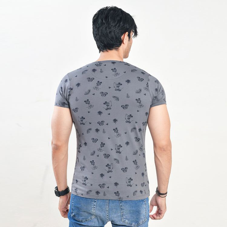 Crew Neck Gray-Rotary Printed  Tee