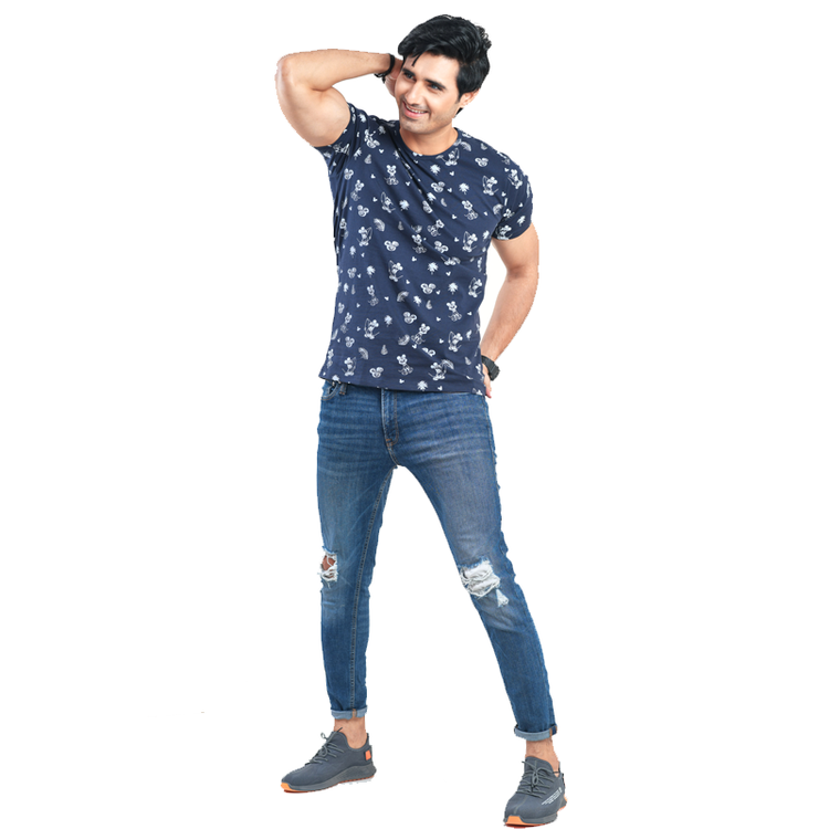 Crew Neck Blue-Rotary Print Tee