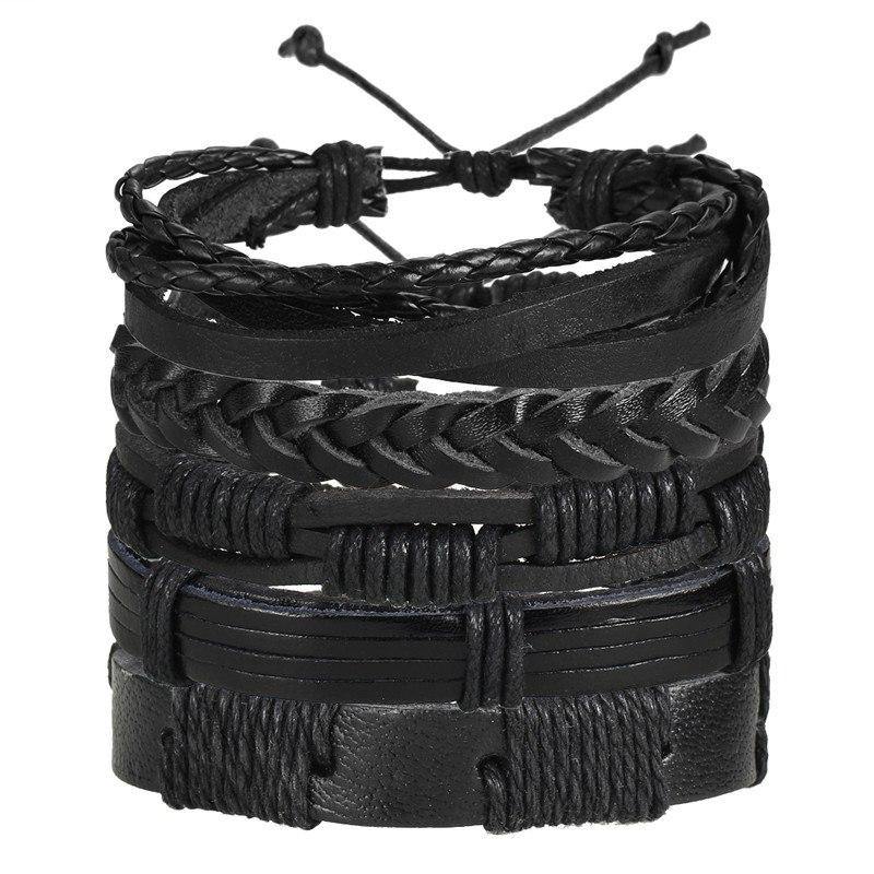 Black Classic Rope Chain Multilayer Leather Punk Wrap Bracelets - Ready Made Suits