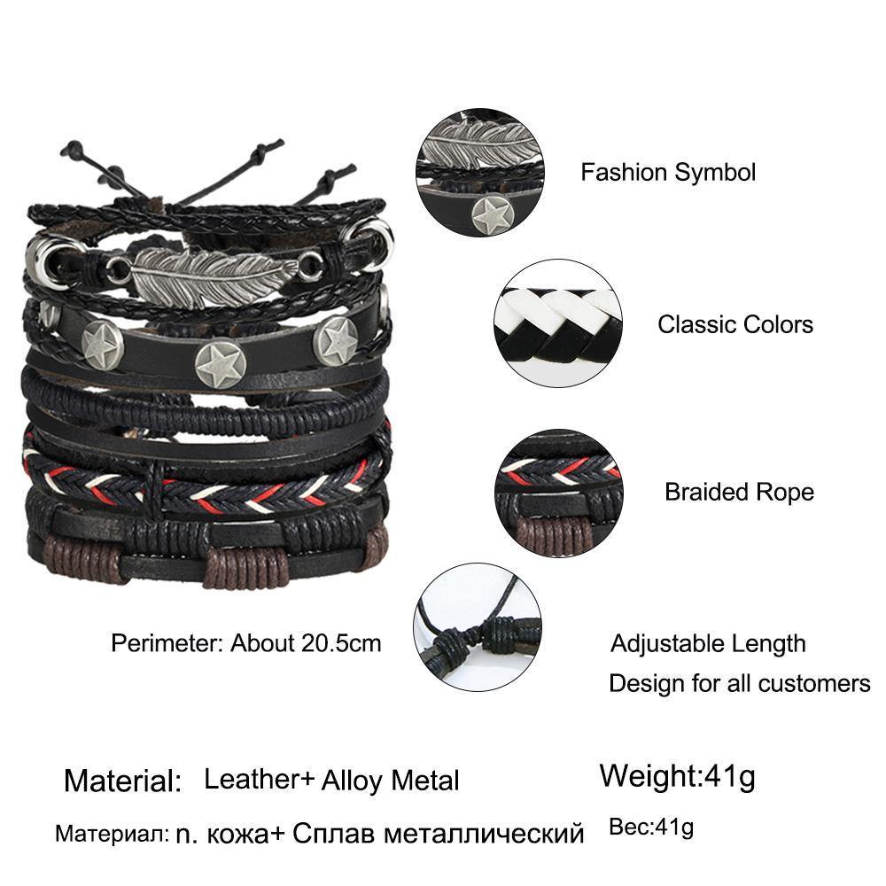Vintage Leaf & Star Multilayer Leather Punk Wrap Bracelets - Ready Made Suits