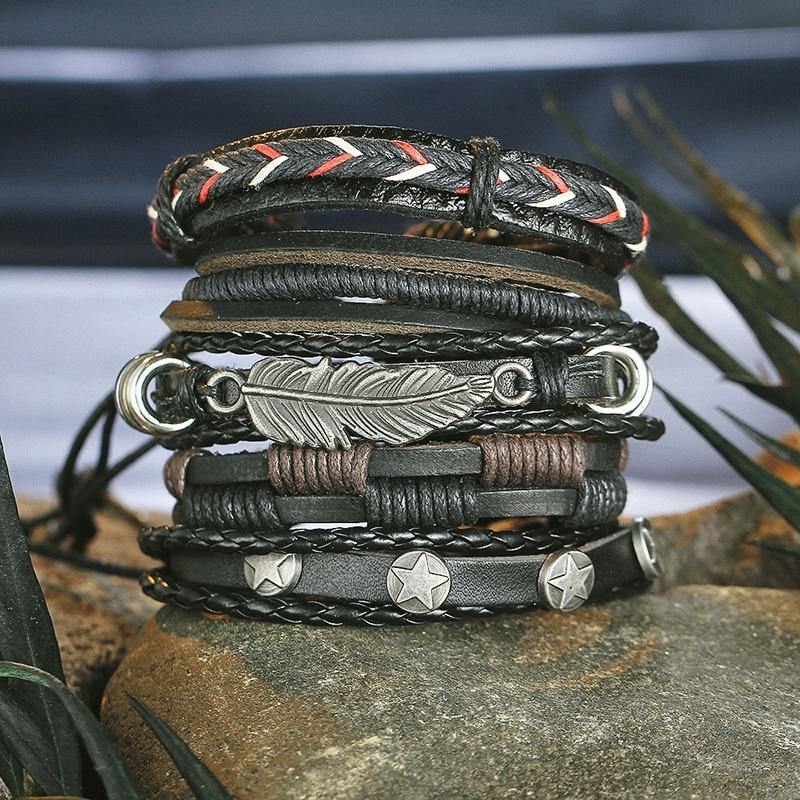 Vintage Leaf & Star Multilayer Leather Punk Wrap Bracelets - Ready Made Suits