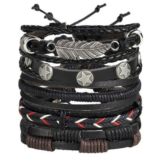 Vintage Leaf & Star Multilayer Leather Punk Wrap Bracelets - Ready Made Suits